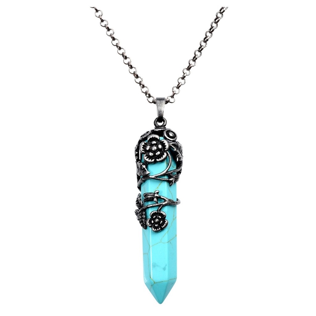 Top Plaza Antique Silver Flower Wrapped Synthetic Turquoise